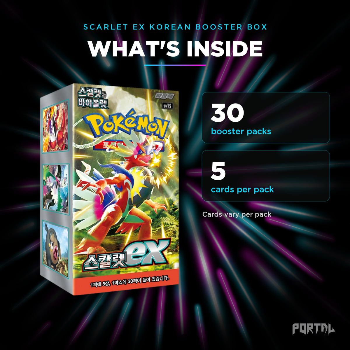 Scarlet ex Korean booster box, what's inside: 30 booster packs, 5 cards per pack, Portal TCG