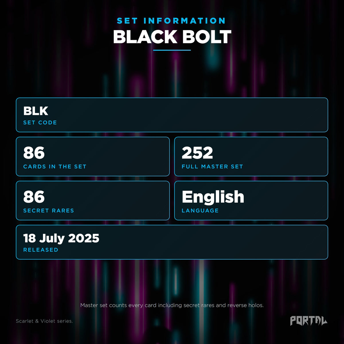 Black Bolt English Pokemon booster pack, set information: set code BLK, 86 cards, 252 card master set, 86 secret rares