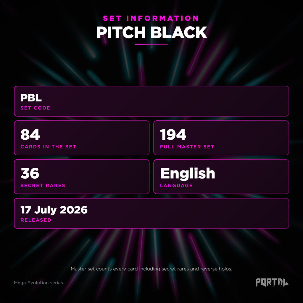 Pitch Black English Pokemon booster bundle, set information: set code PBL, 84 cards, 194 card master set, 36 secret rares