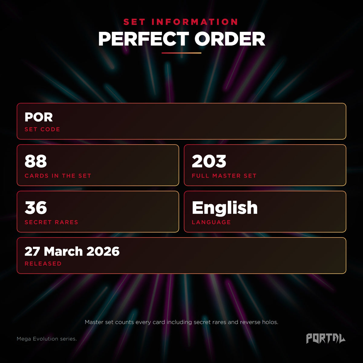 Perfect Order English Pokemon booster bundle, set information: set code POR, 88 cards, 203 card master set, 36 secret rares