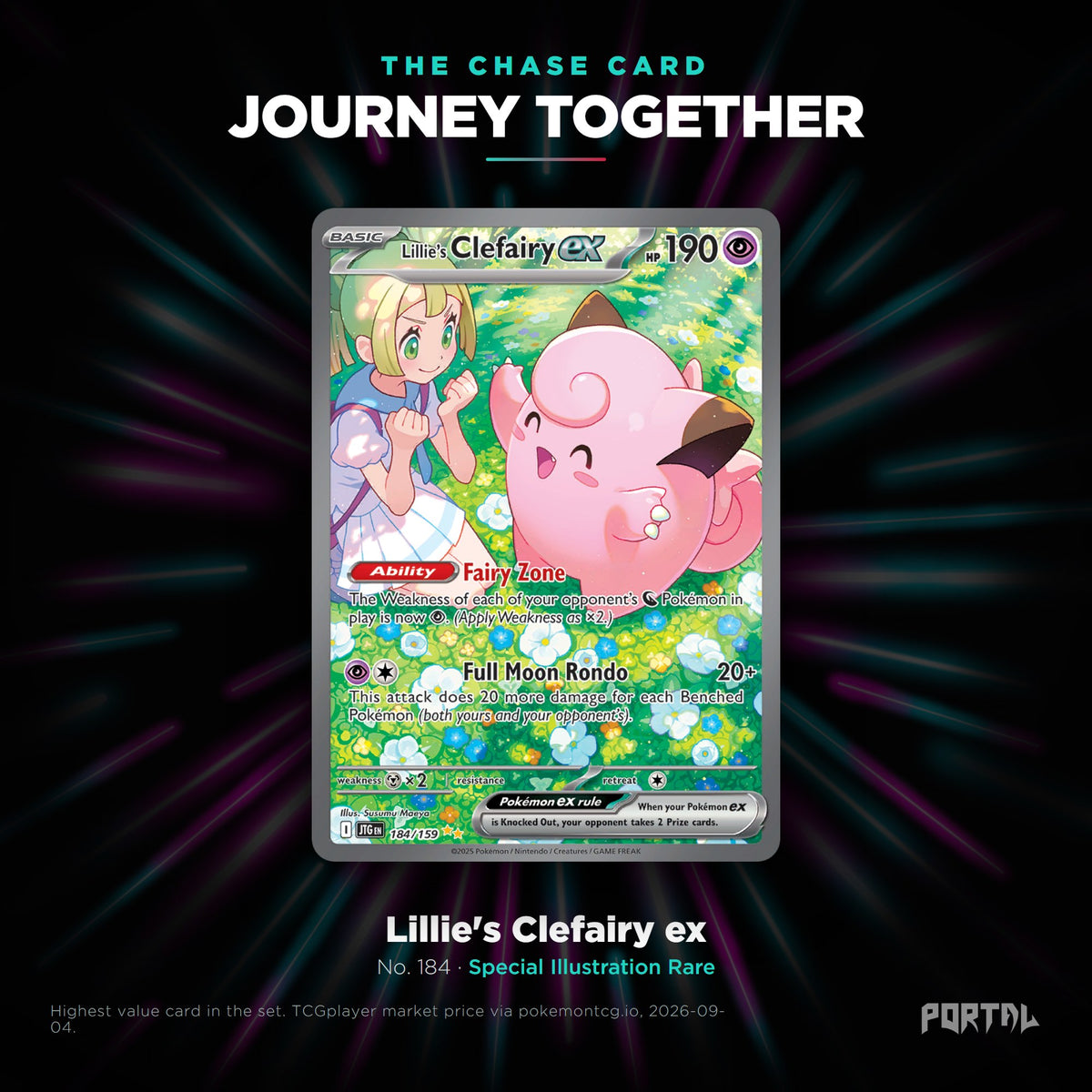 Journey Together English Pokemon booster box, chase card: Lillie's Clefairy ex number 184, Special Illustration Rare
