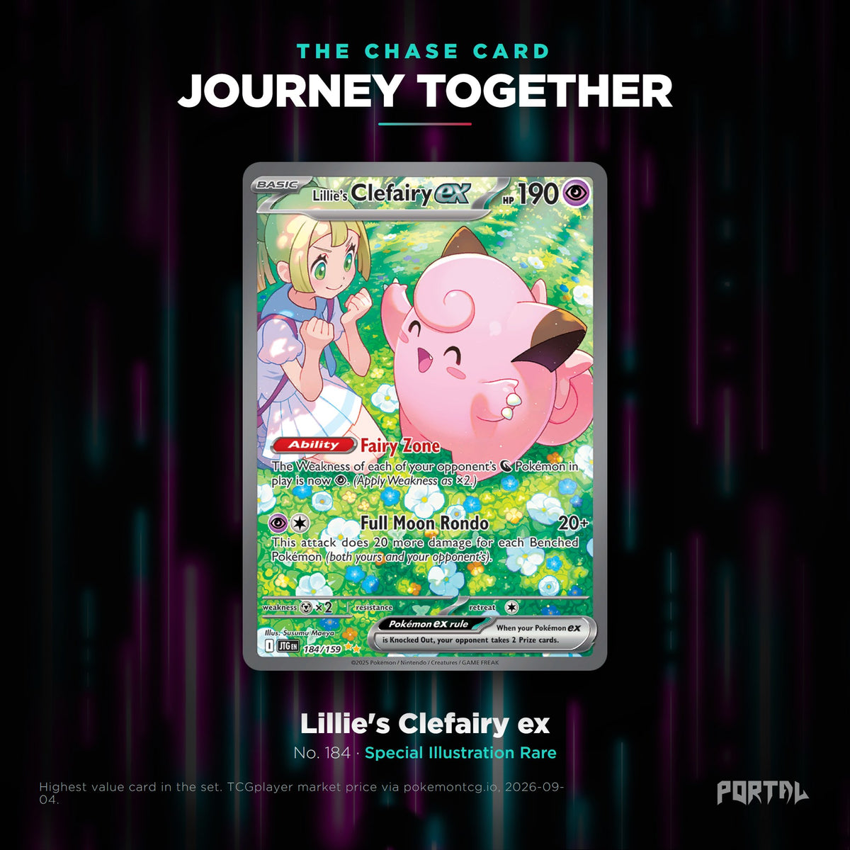 Journey Together English Pokemon booster pack, chase card: Lillie's Clefairy ex number 184, Special Illustration Rare