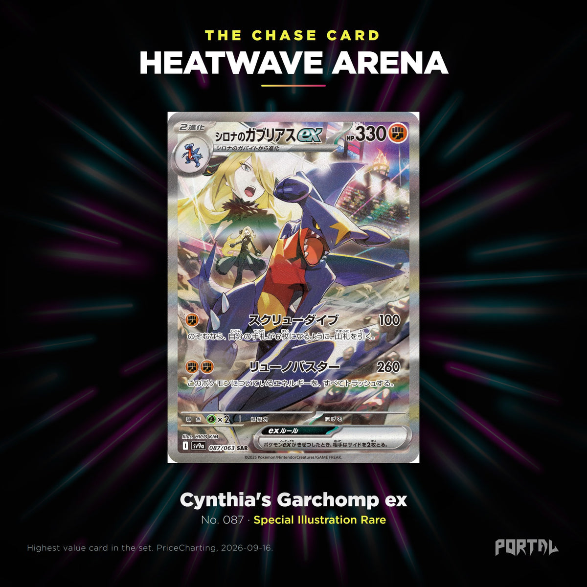Heatwave Arena Japanese Pokemon booster box, chase card: Cynthia's Garchomp ex number 087, Special Illustration Rare