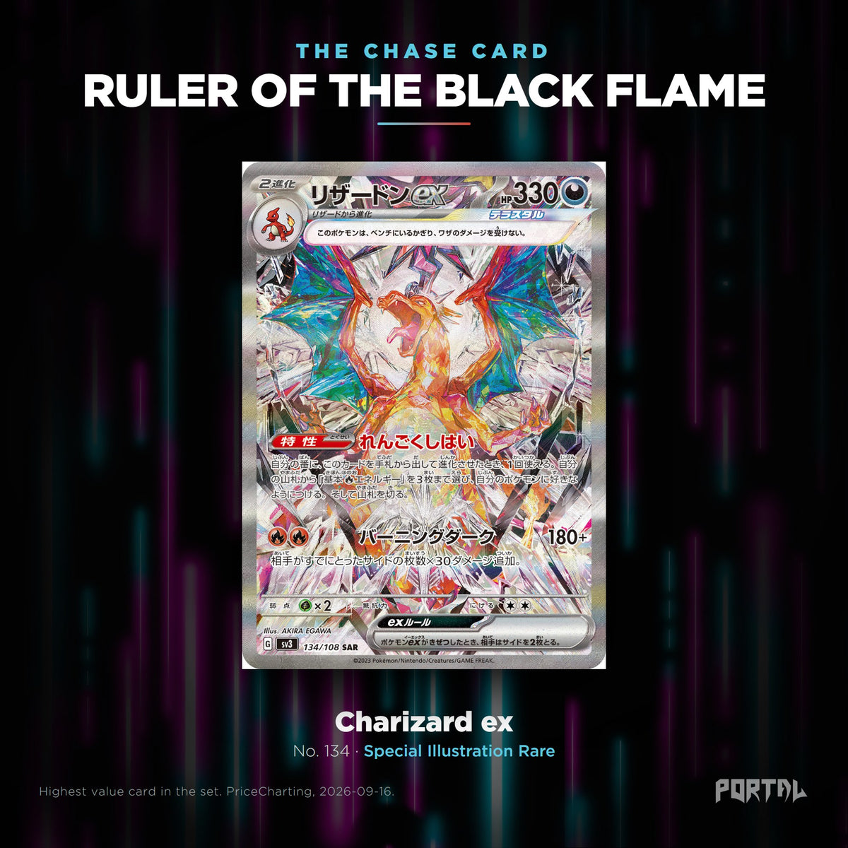 Ruler of the Black Flame Japanese Pokemon booster pack, chase card: Charizard ex number 134, Special Illustration Rare