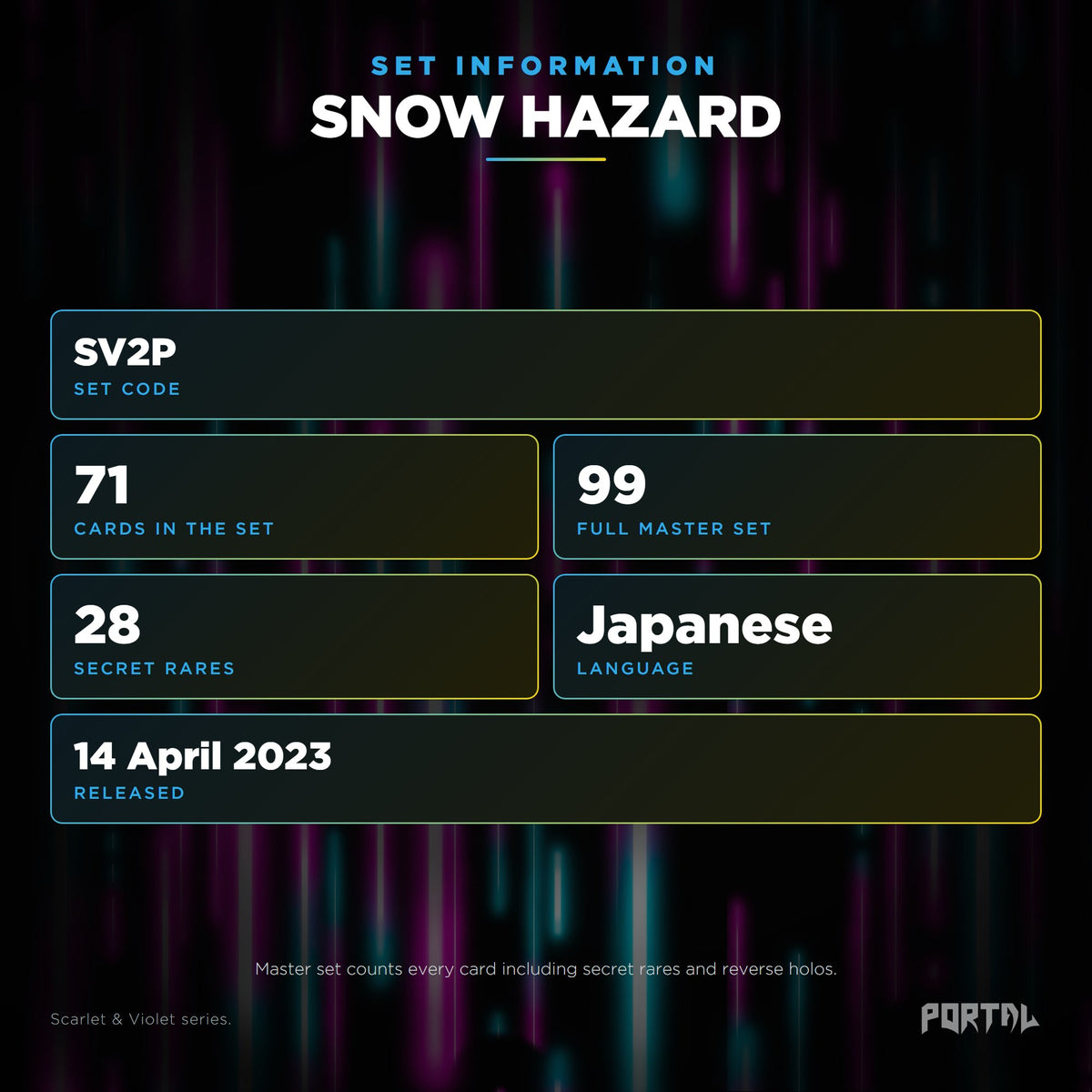 Snow Hazard Japanese Pokemon booster pack, set information: set code SV2P, 71 cards, 99 card master set, 28 secret rares