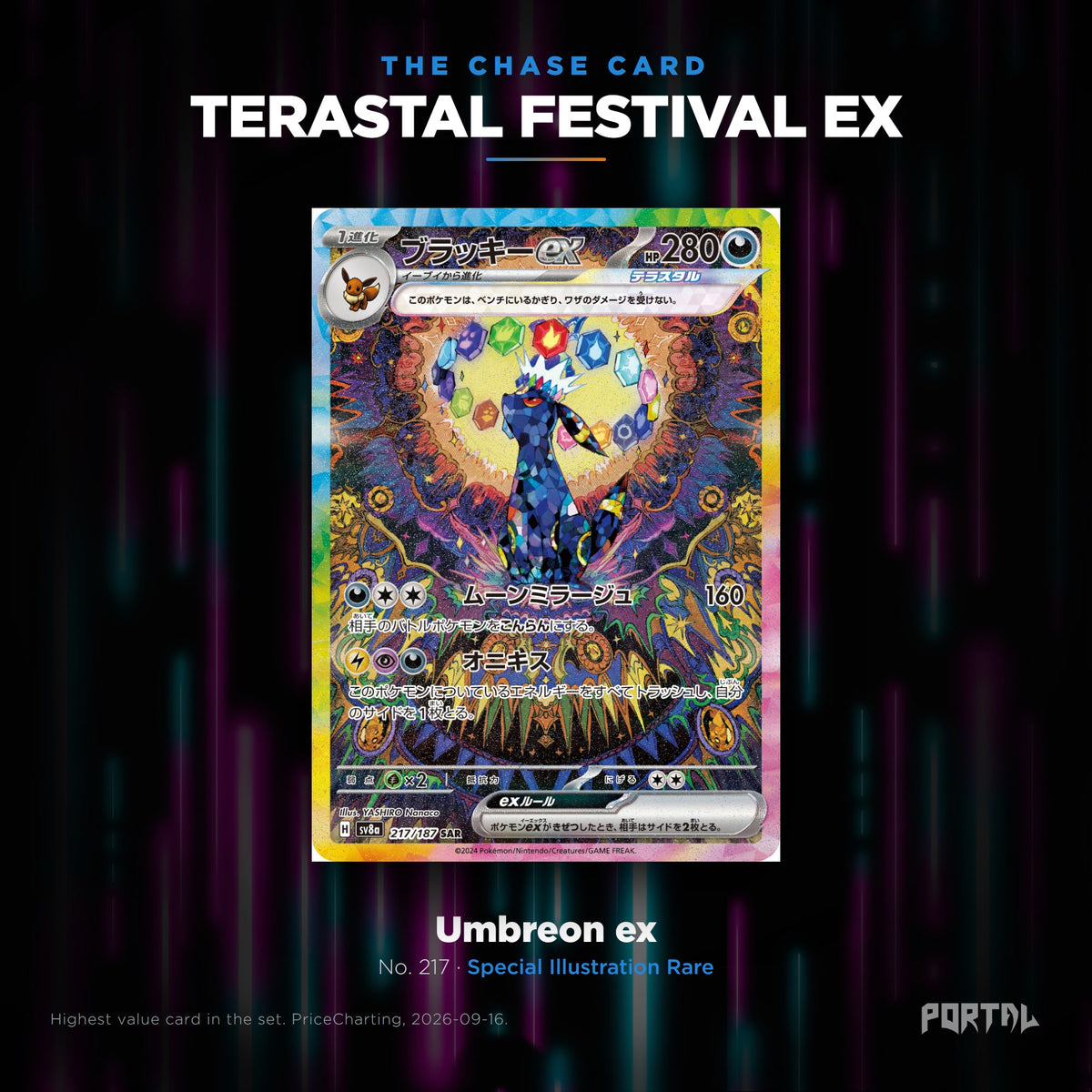 Terastal Festival ex Japanese Pokemon booster pack, chase card: Umbreon ex number 217, Special Illustration Rare