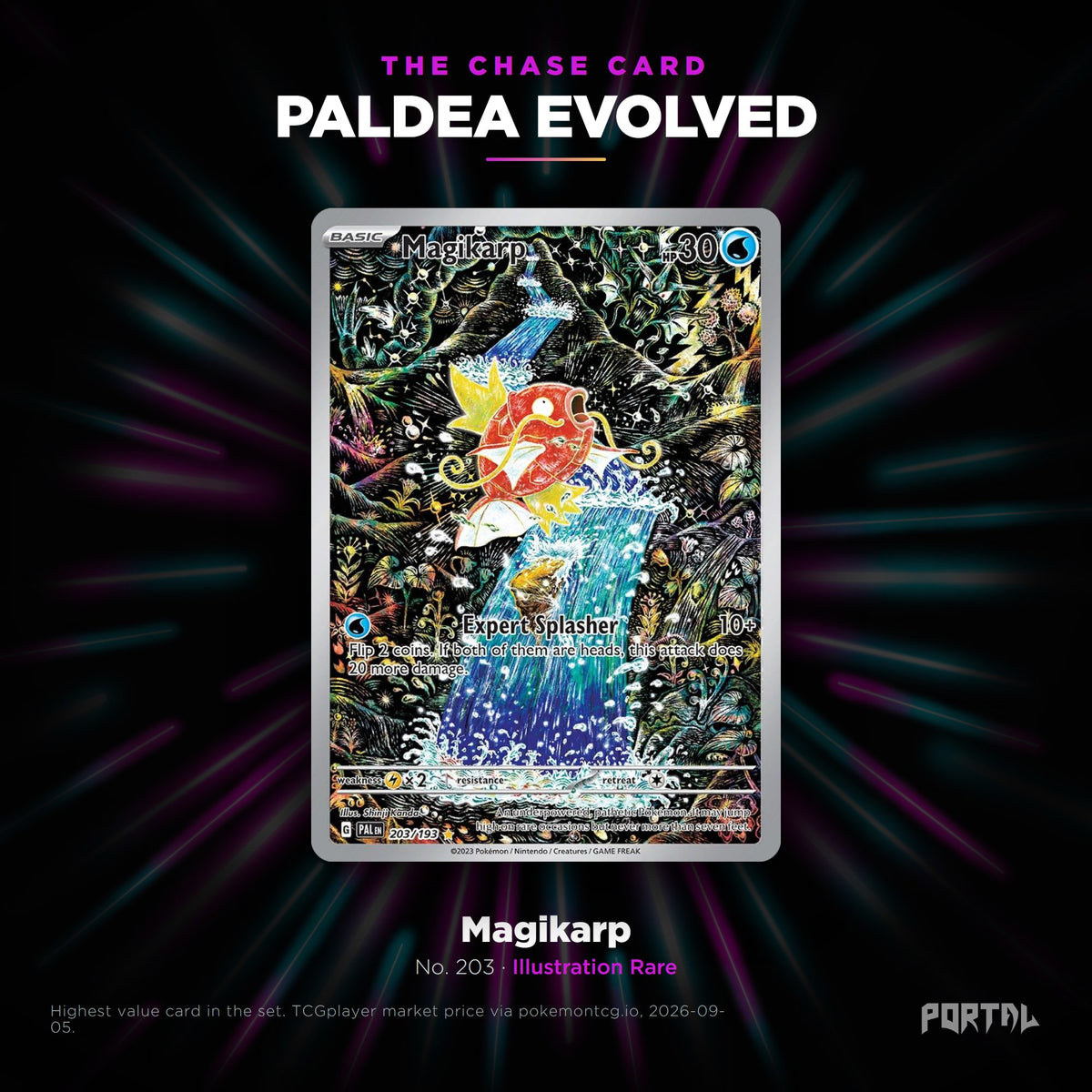 Paldea Evolved English Pokemon booster box, chase card: Magikarp number 203, Illustration Rare