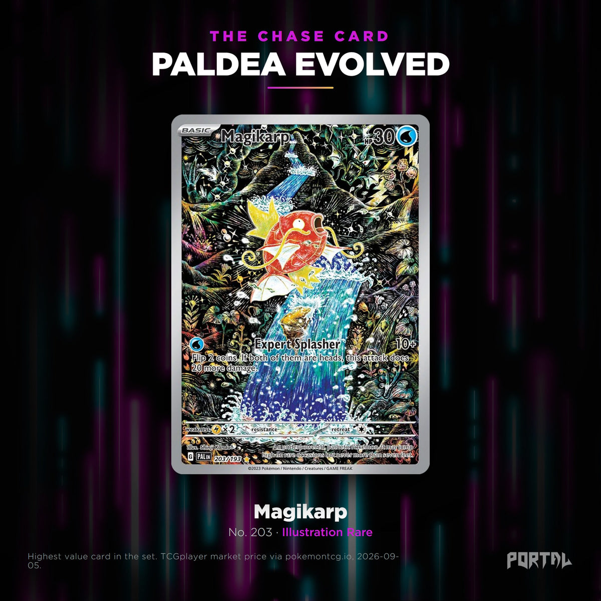 Paldea Evolved English Pokemon booster pack, chase card: Magikarp number 203, Illustration Rare