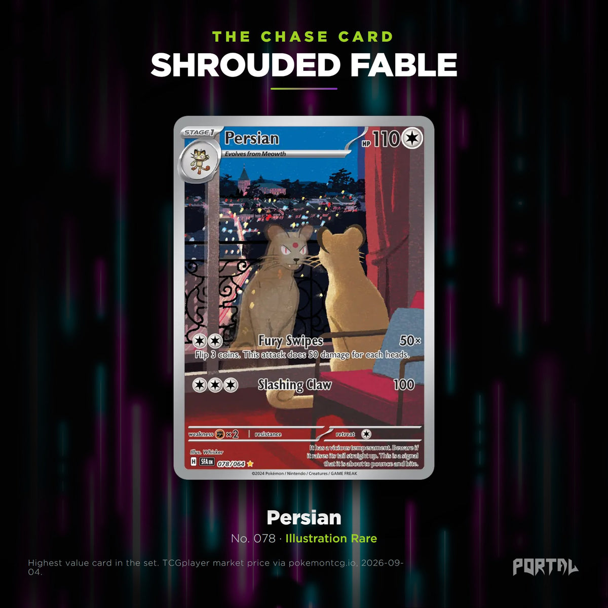 Shrouded Fable English Pokemon booster pack, chase card: Persian number 078, Illustration Rare