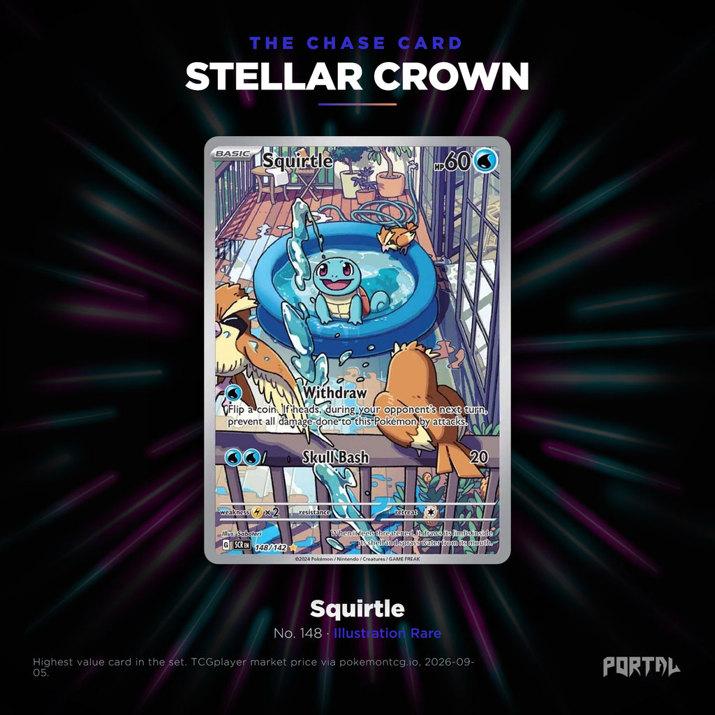 Stellar Crown English Pokemon booster box, chase card: Squirtle number 148, Illustration Rare