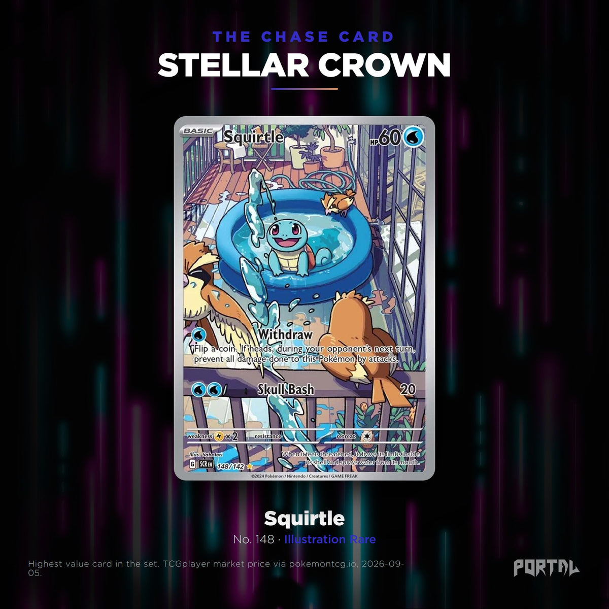 Stellar Crown English Pokemon booster pack, chase card: Squirtle number 148, Illustration Rare