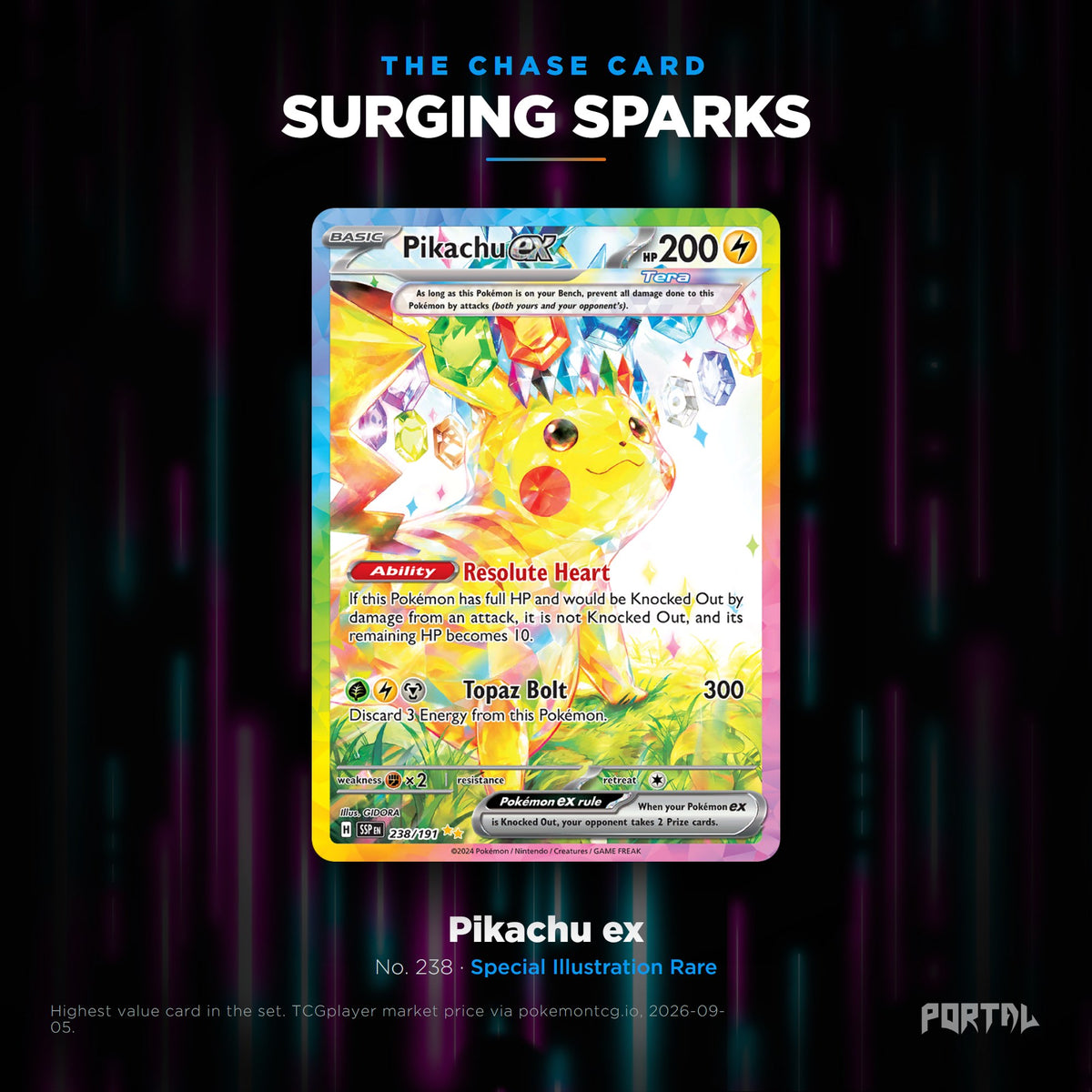 Surging Sparks English Pokemon booster pack, chase card: Pikachu ex number 238, Special Illustration Rare