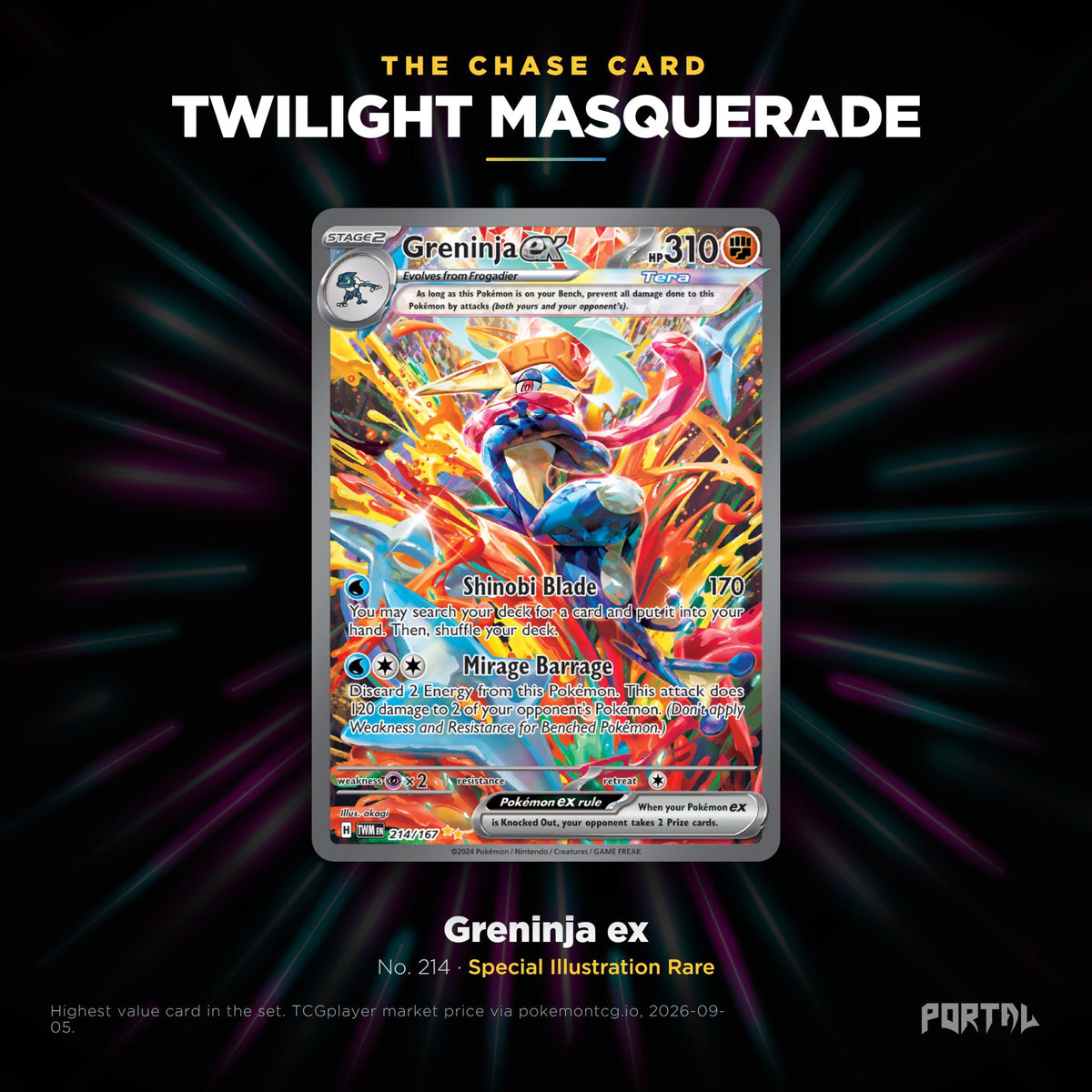 Twilight Masquerade English Pokemon booster box, chase card: Greninja ex number 214, Special Illustration Rare