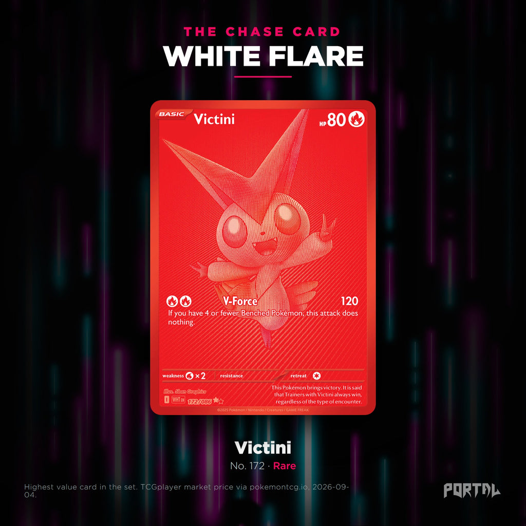 White Flare English Pokemon booster pack, chase card: Victini number 172, Rare