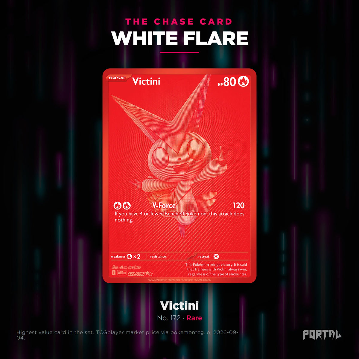 White Flare English Pokemon booster pack, chase card: Victini number 172, Rare