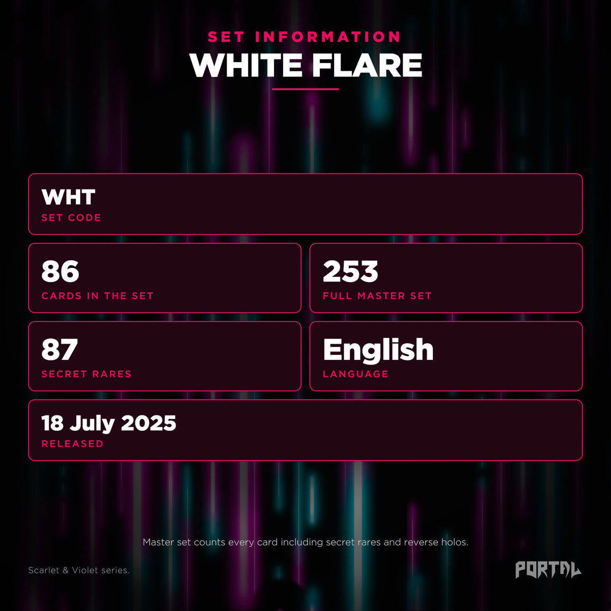 White Flare English Pokemon booster pack, set information: set code WHT, 86 cards, 253 card master set, 87 secret rares