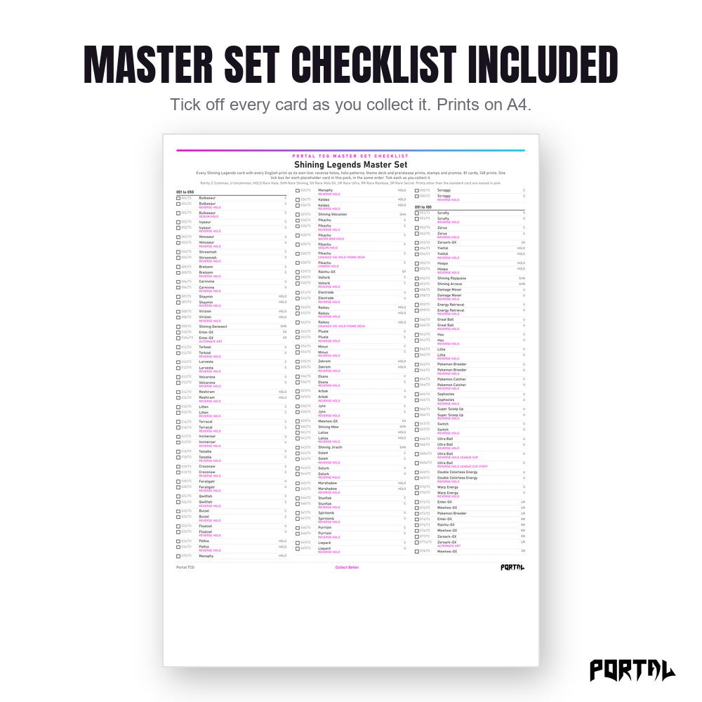 Pokemon Shining Legends master set placeholders, the checklist included in the download, Portal TCG