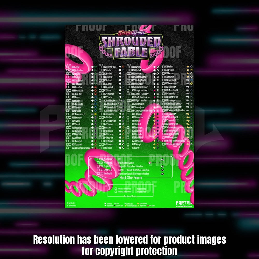 Pokemon Shrouded Fable master set checklist kit, checklist sheet, Portal TCG