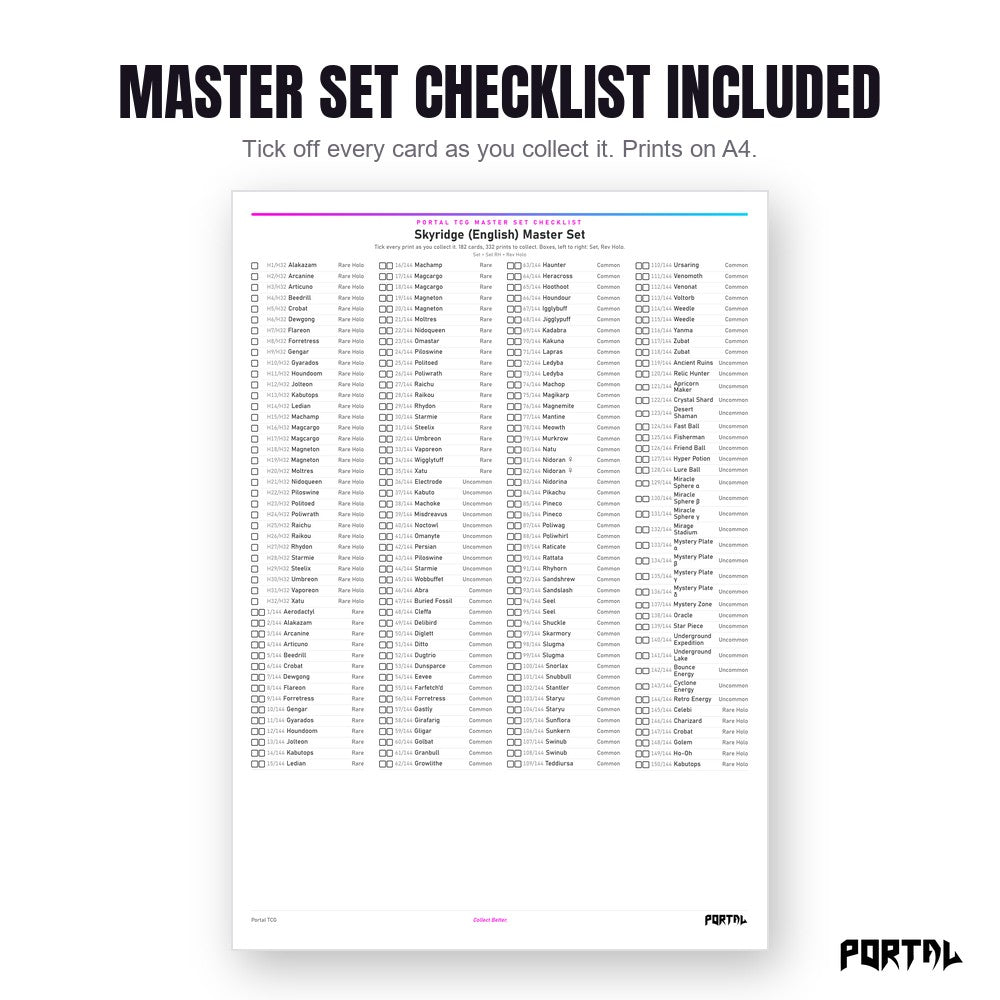 Pokemon Skyridge master set placeholders, the checklist included in the download, Portal TCG