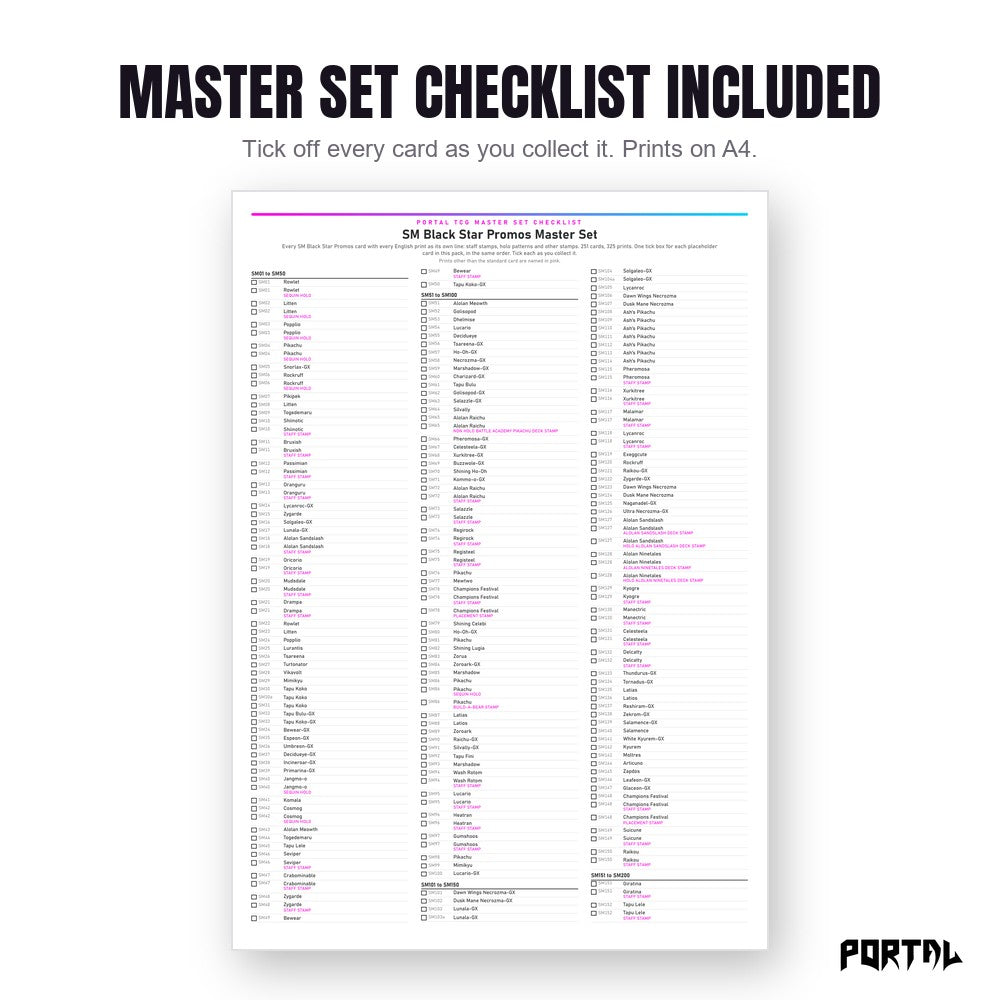 Pokemon SM Black Star Promos master set placeholders, the checklist included in the download, Portal TCG