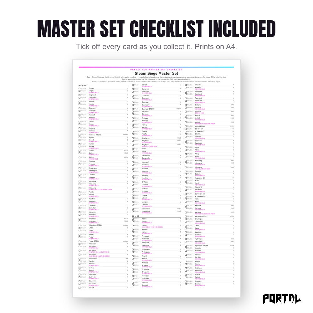 Pokemon Steam Siege master set placeholders, the checklist included in the download, Portal TCG