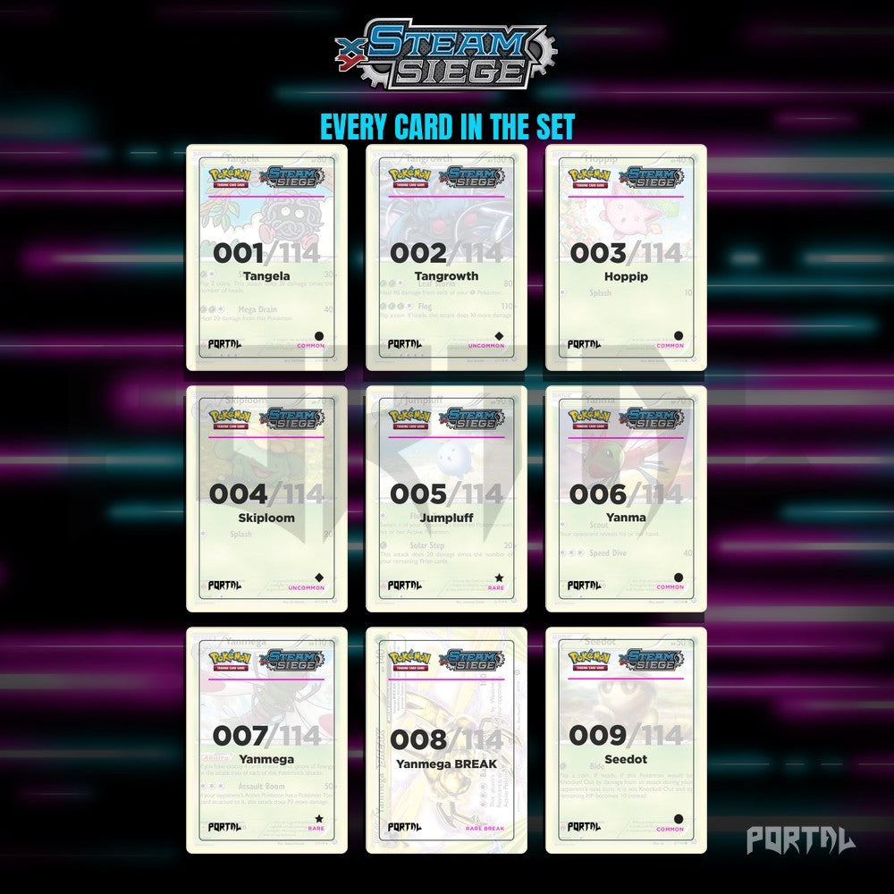 Pokemon Steam Siege master set placeholders, binder page, Portal TCG