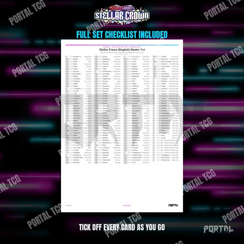 Stellar Crown master set placeholders, checklist included, Portal TCG