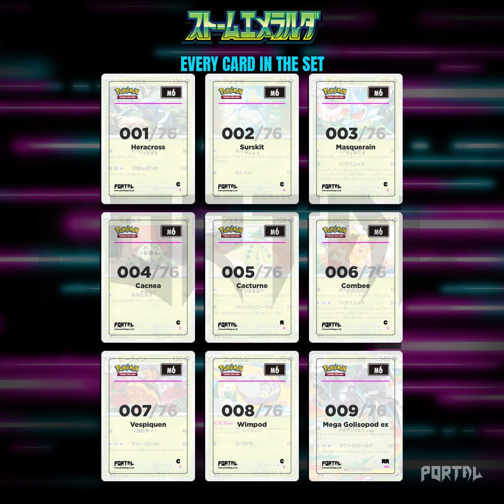 Storm Emeralda placeholder cards laid out in a nine pocket binder page