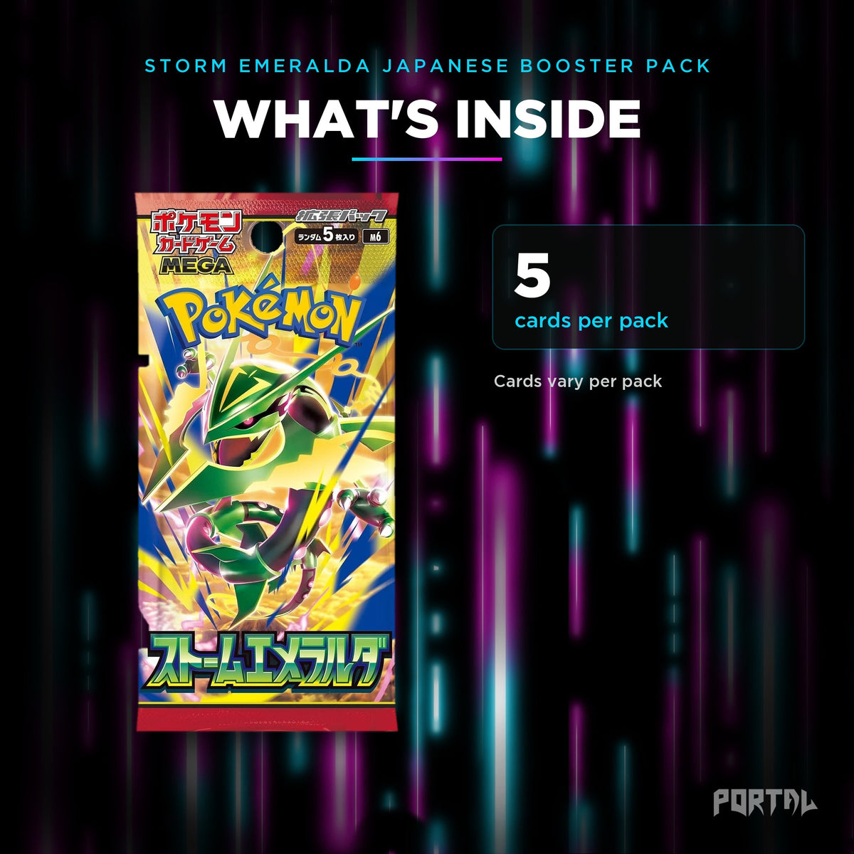 Storm Emeralda Japanese booster pack, what's inside: 5 cards per pack, Portal TCG