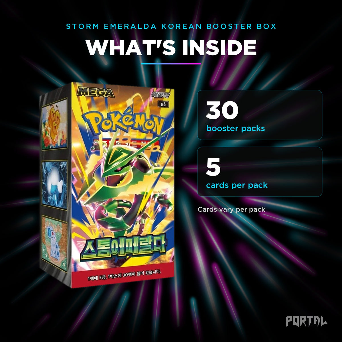 Storm Emeralda Korean booster box, what's inside: 30 booster packs, 5 cards per pack, Portal TCG