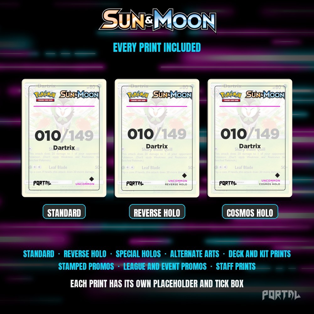 Pokemon Sun & Moon master set placeholders, every print included, Portal TCG