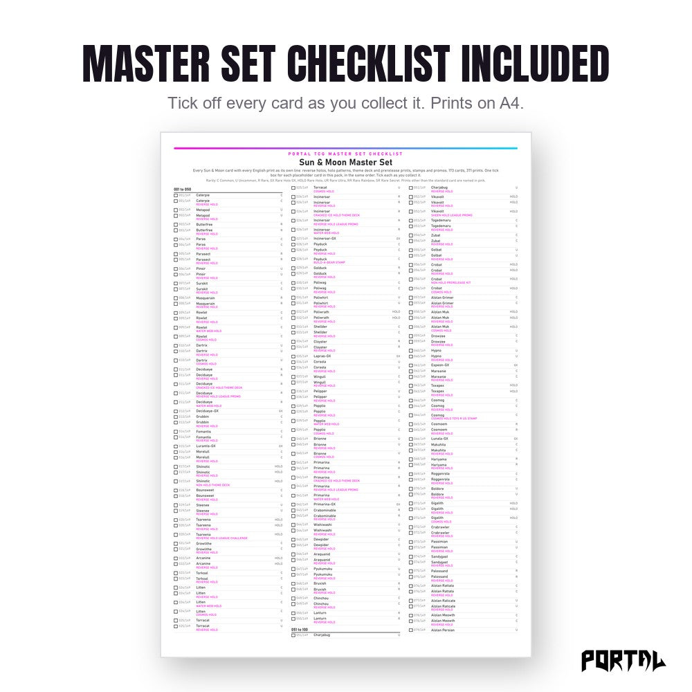 Pokemon Sun & Moon master set placeholders, the checklist included in the download, Portal TCG