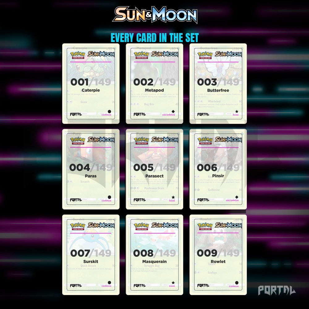 Pokemon Sun & Moon master set placeholders, binder page, Portal TCG