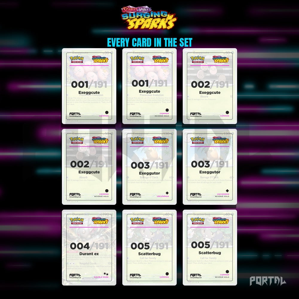 Surging Sparks placeholder cards laid out in a nine pocket binder page