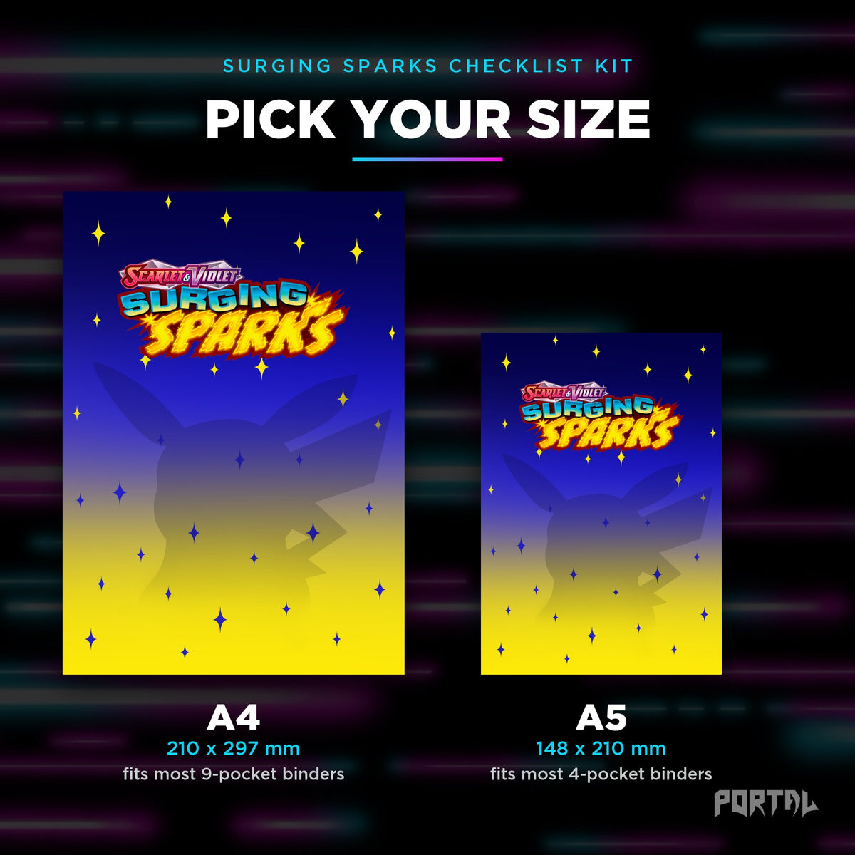 Pokemon Surging Sparks master set checklist kit, A4 and A5 sizes, Portal TCG