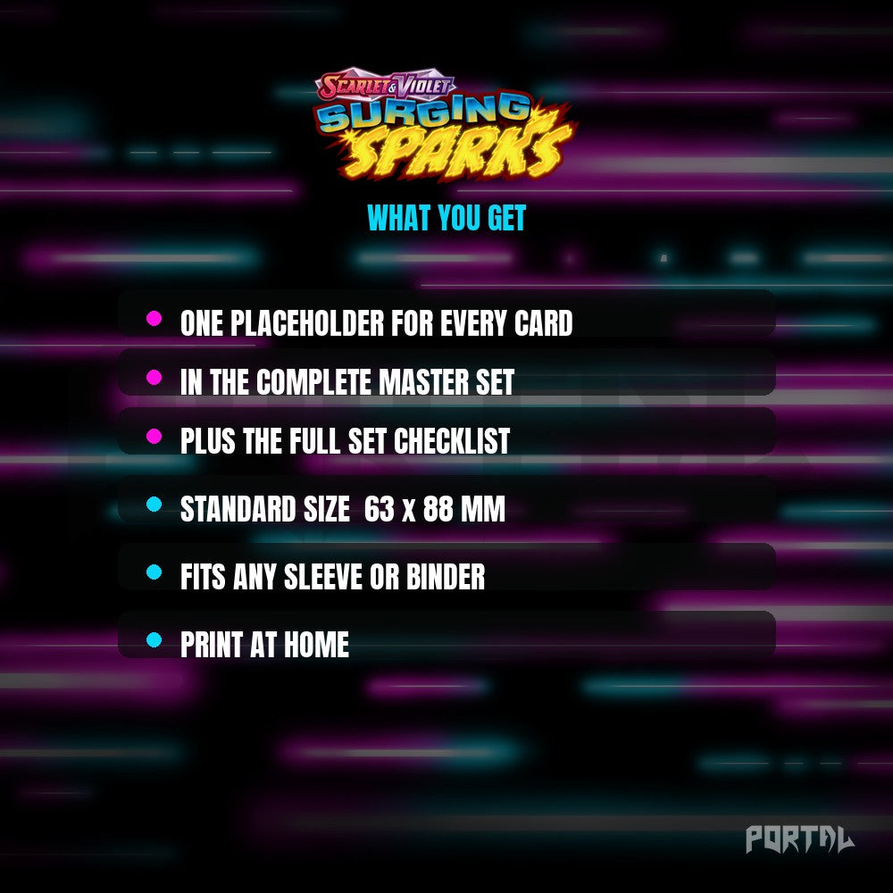 Surging Sparks master set placeholder cards, what is included