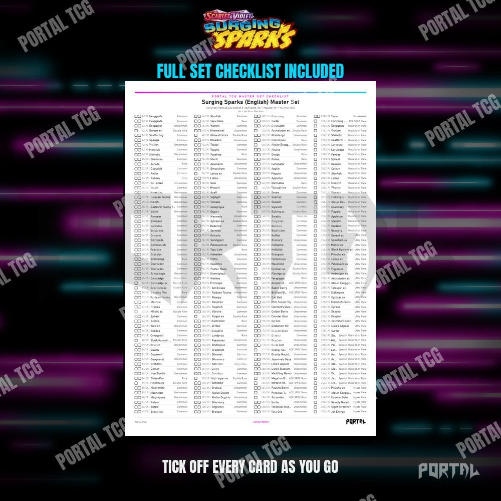Surging Sparks master set placeholders, checklist included, Portal TCG