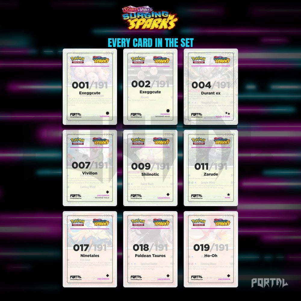 Surging Sparks master set placeholders, binder page, Portal TCG