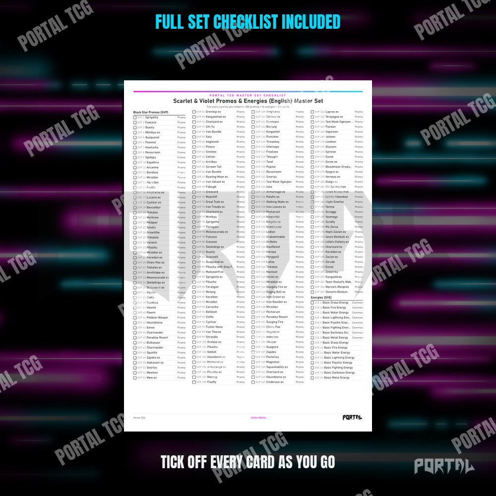 Scarlet & Violet Promos & Energies master set placeholders, checklist included, Portal TCG