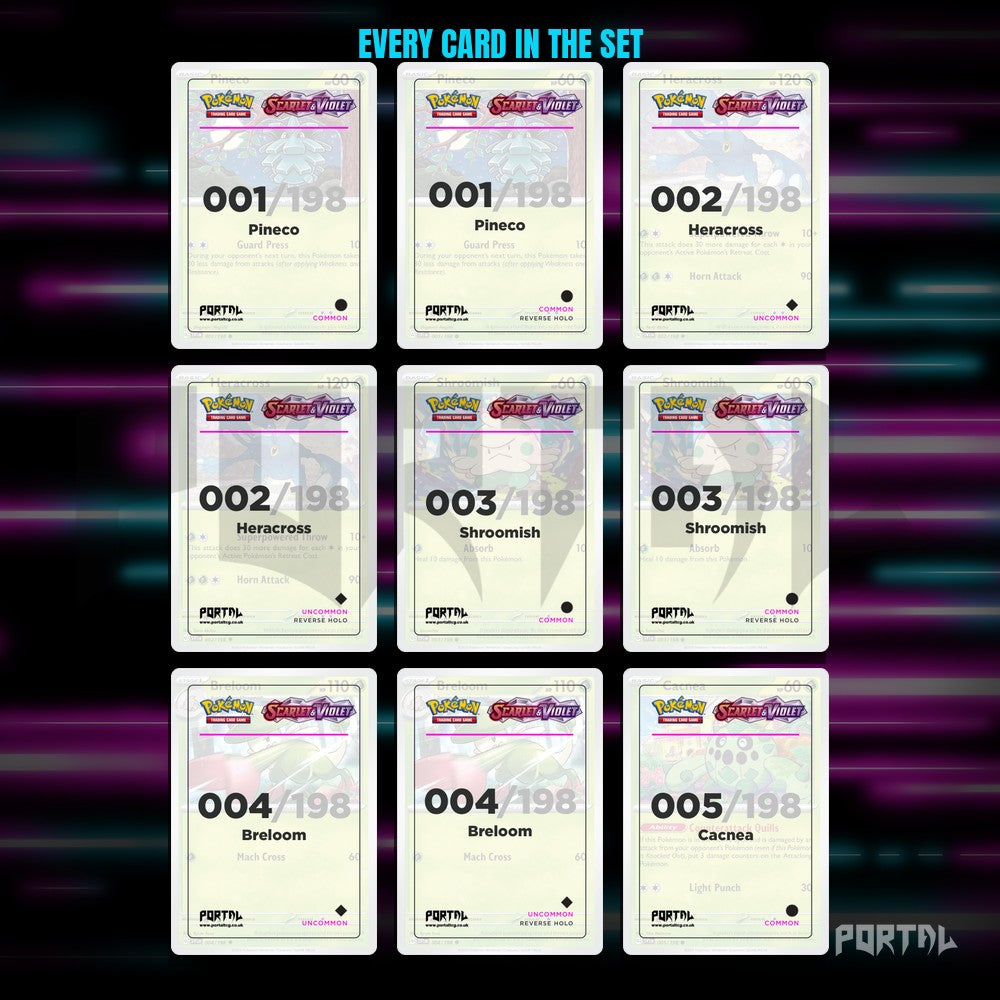 Scarlet & Violet placeholder cards laid out in a nine pocket binder page