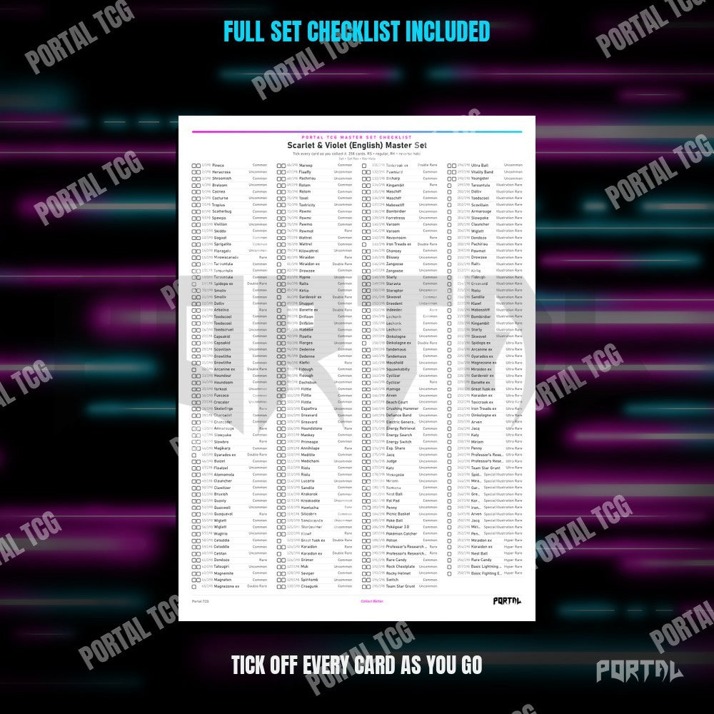 Scarlet & Violet master set placeholders, checklist included, Portal TCG