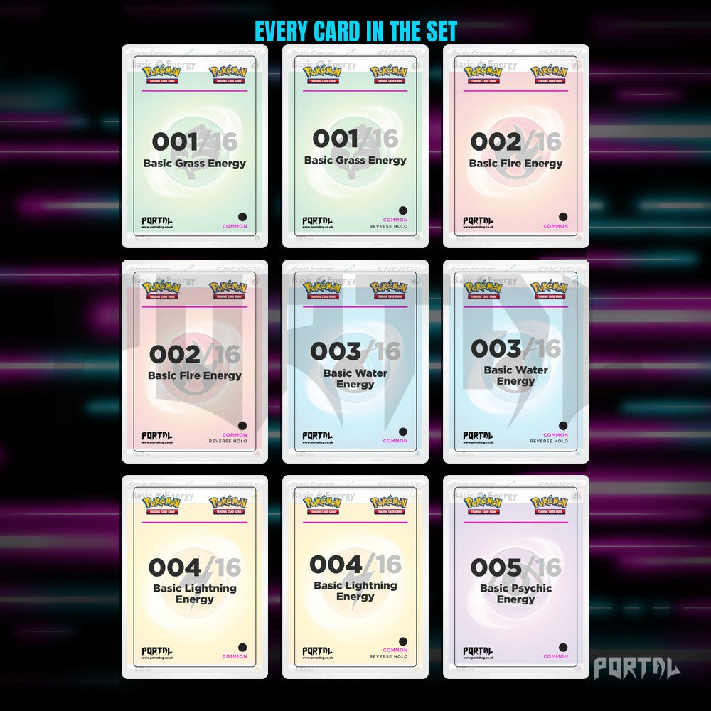 Scarlet & Violet Energies placeholder cards laid out in a nine pocket binder page
