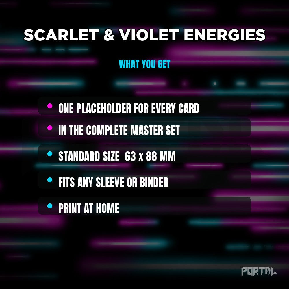 Scarlet & Violet Energies master set placeholder cards, what is included