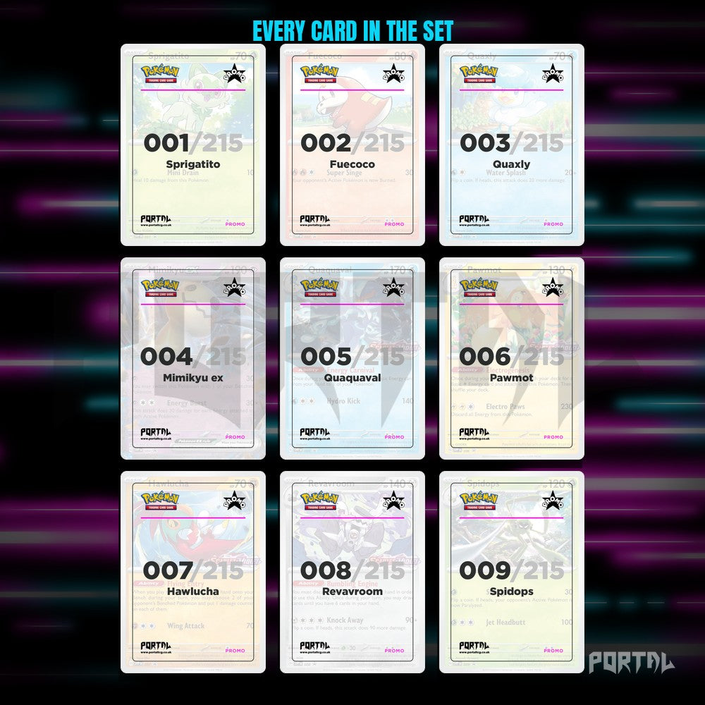 Scarlet & Violet Black Star Promos placeholder cards laid out in a nine pocket binder page