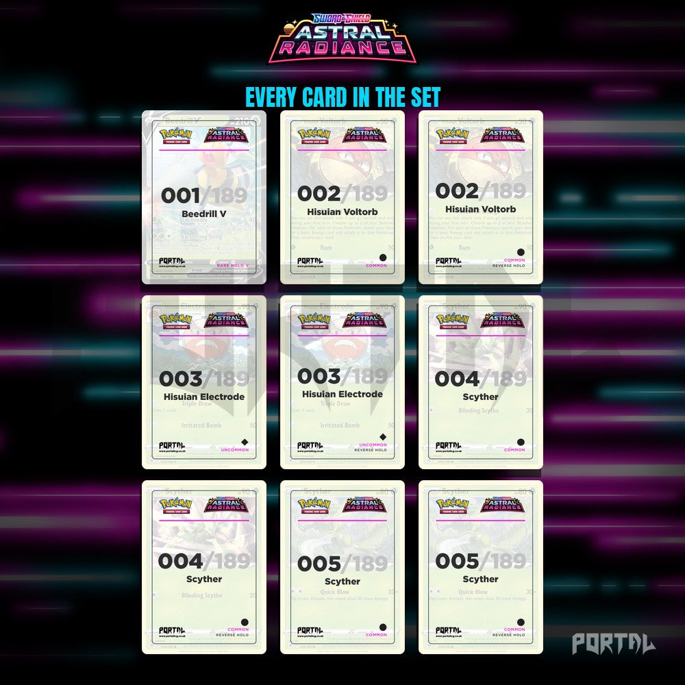 Astral Radiance placeholder cards laid out in a nine pocket binder page