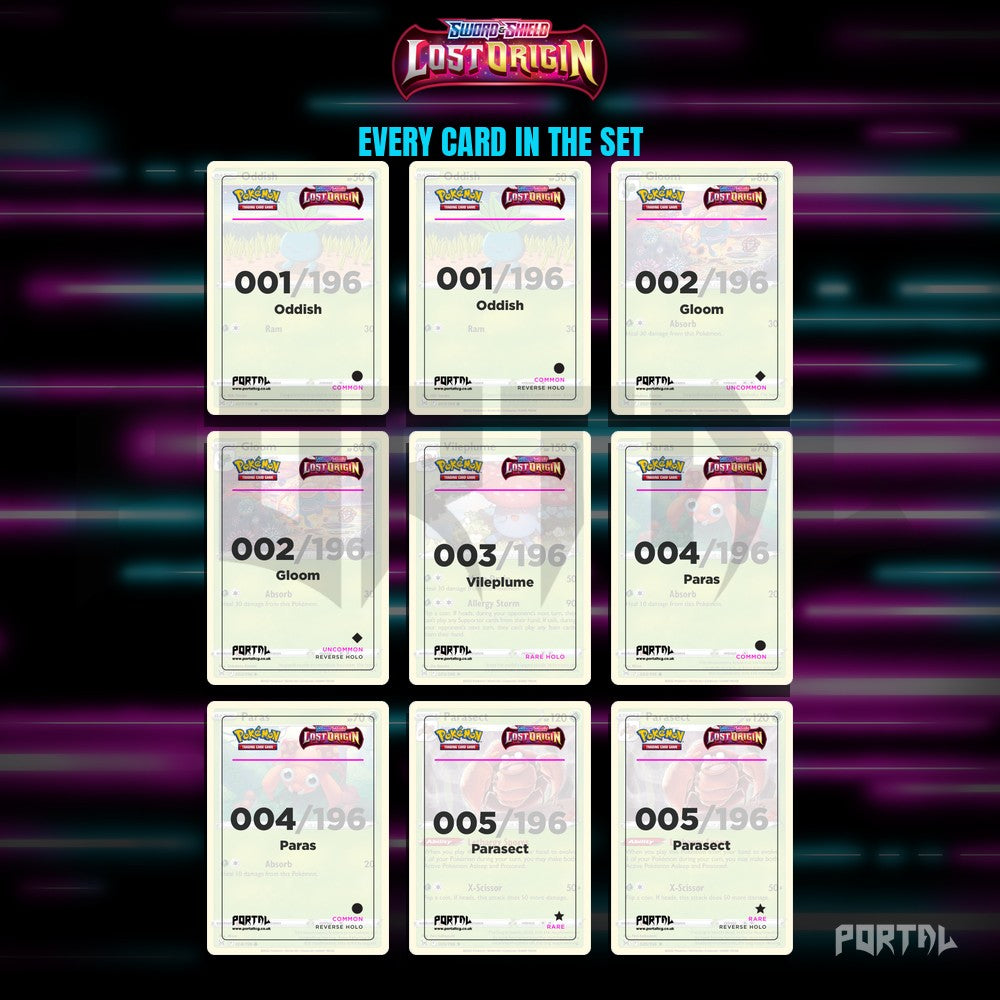Lost Origin placeholder cards laid out in a nine pocket binder page