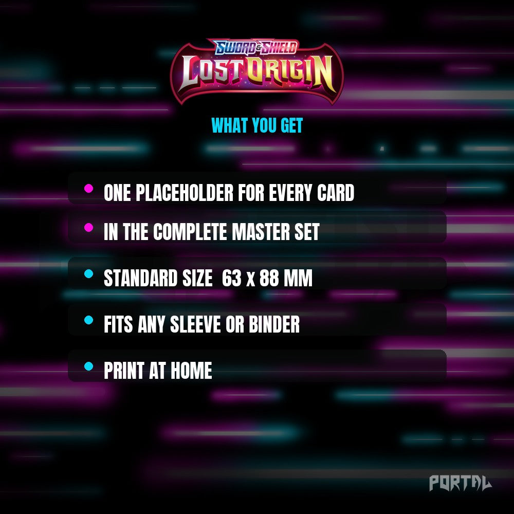 Lost Origin master set placeholder cards, what is included