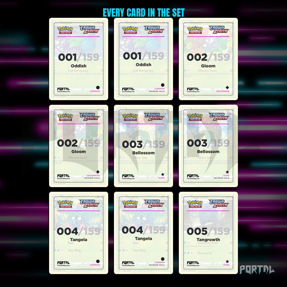 Crown Zenith placeholder cards laid out in a nine pocket binder page