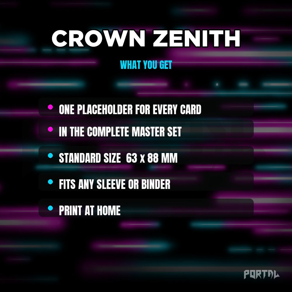 Crown Zenith master set placeholder cards, what is included