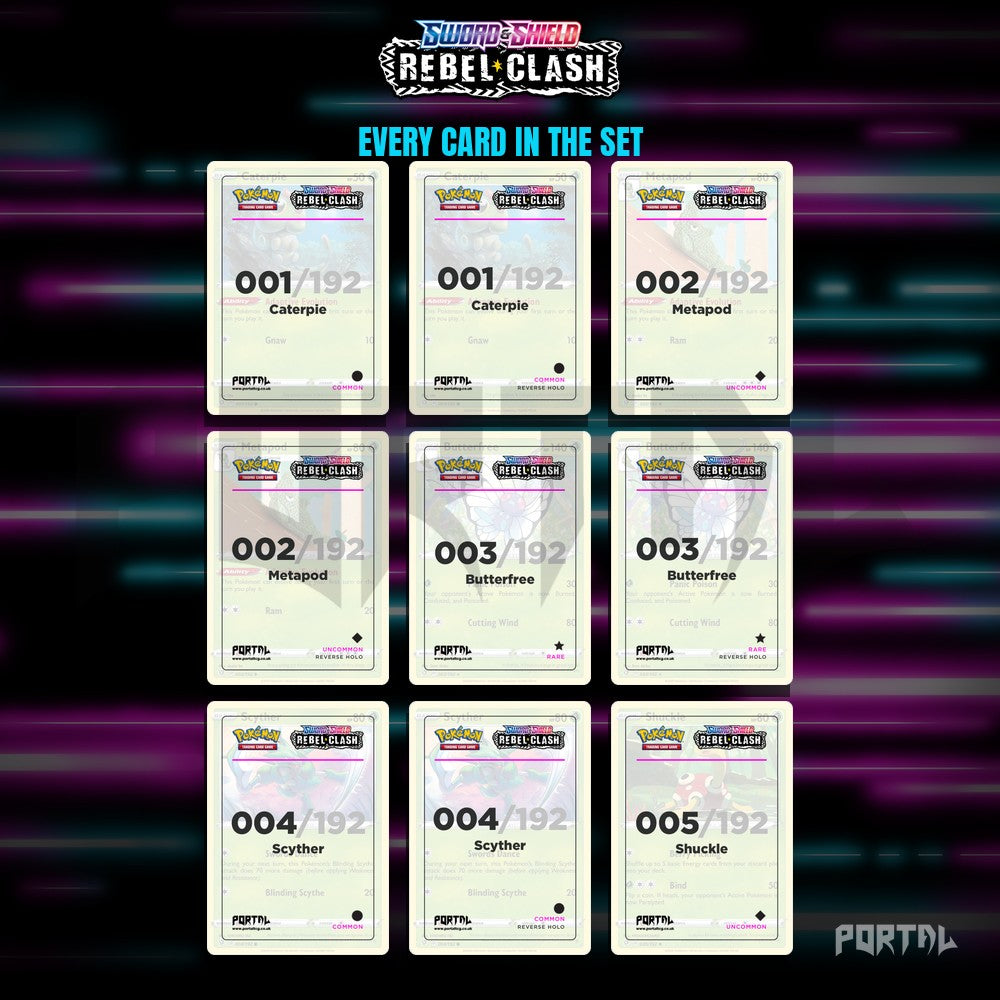 Rebel Clash placeholder cards laid out in a nine pocket binder page
